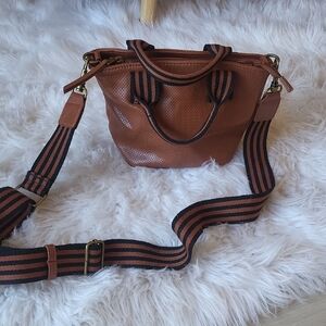 Brown Textured Women's Bag with Striped Strap